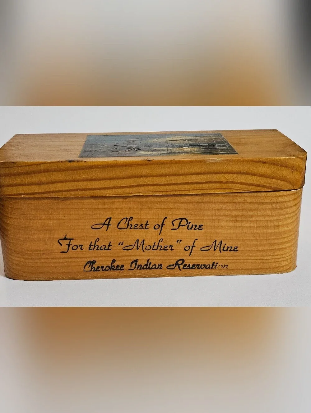 ​Vtg 1949 Cherokee Indian Reservation Pine Wood Box Lighthouse Mother Souvenir